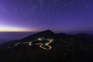 Beautiful scenery during the twilight after the sunset and star trail movement of top view at Doi...