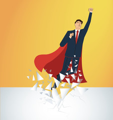 Successful businessman and red cape Breaking the wall vector. Business concept illustration.   