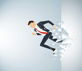 Running Businessman Breaking the wall to success. Business concept illustration. 