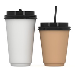 Disposable coffee cups with paper straw . Blank paper mug with plastic cap. 3d render isolated on white background