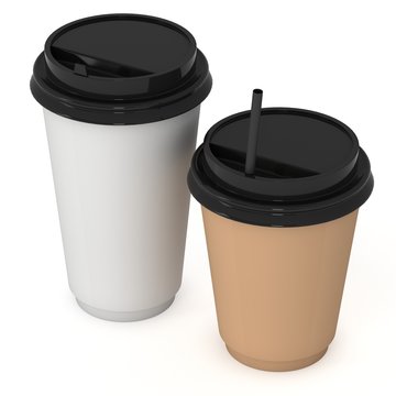 Disposable coffee cups with paper straw . Blank paper mug with plastic cap. 3d render isolated on white background