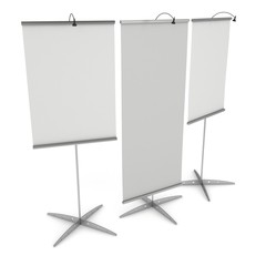 Blank Roll Up Expo Banner Stand Group. Trade show booth white and blank. 3d render illustration isolated on white background. Template mockup for your expo design.