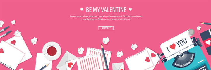 Valentines Day. Workplace with table. Design Equipment. Drawing on paper. Handmade love card. Typewriting. Greeting. February 14.