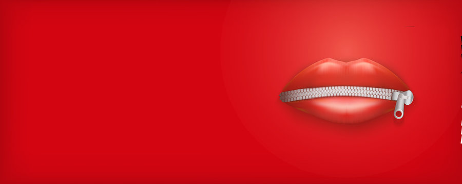 Banner of Womans mouth with closed red lips and zipper. Concept of secret or silence. Vector Illustration Isolated on background.
