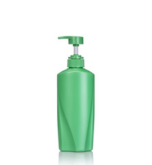 Blank green pump plastic bottle used for shampoo or soap. Studio