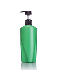 Blank green pump plastic bottle used for shampoo or soap. Studio