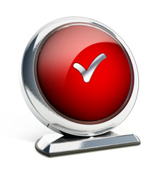 Glossy red button with checkmark symbol. 3D illustration