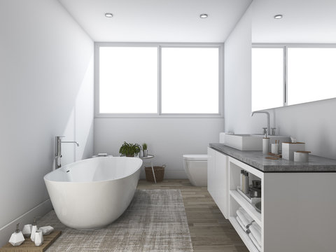 3d rendering cool white bathroom with light from window