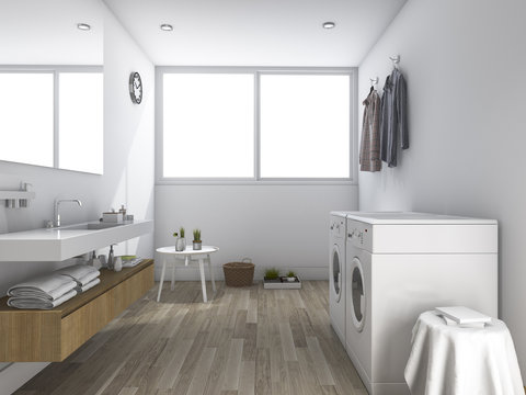 3d Rendering White Laundry Room With Minimal Design