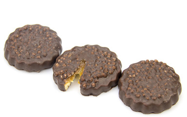 Chocolate cookies with cream filling isolated on white background.