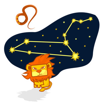 Cartoon Zodiac signs. Vector illustration of the Leo with a rectangular face. A schematic arrangement of stars in the constellation Leo