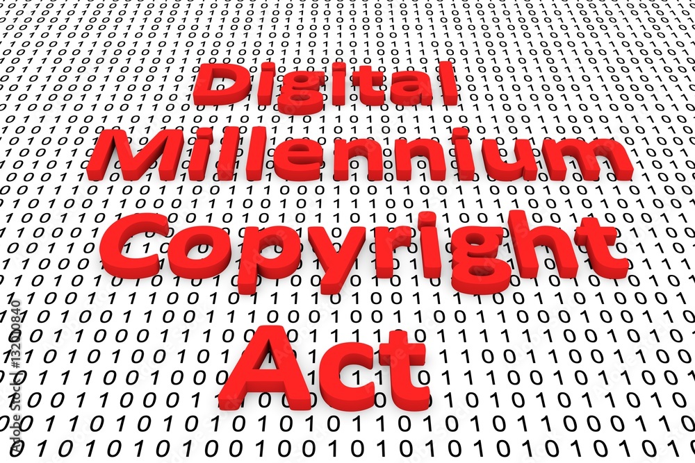Poster digital millennium copyright act in the form of binary code, 3d illustration
