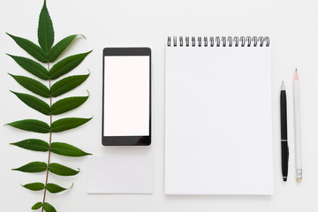 Green leave with blank notepad and smartphone flat lay. Top view on supplies with clean mobile phone screen and green leaf, free space. Art, business, creation, imagination, inspiration concept