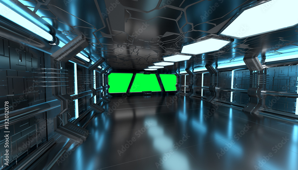 Poster spaceship blue interior with empty window 3d rendering elements