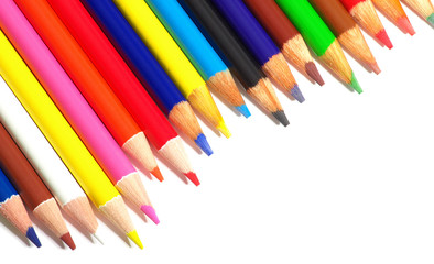 Color pencils on white background, copy space