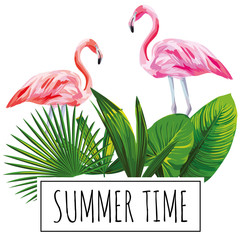 Slogan summer time tropical leaves flamingo white background - obrazy, fototapety, plakaty