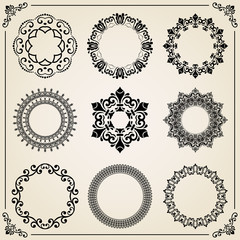 Vintage set of elements. Different vector round elements for decoration and design frames, cards, menus, backgrounds and monograms. Classic patterns. Set of black vintage patterns