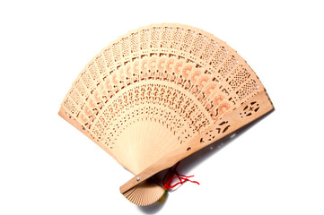 Wooden carve folding  chinese style hand fan on white background.