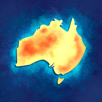 Map of Australia washed by ocean. Multicolor brush painting.