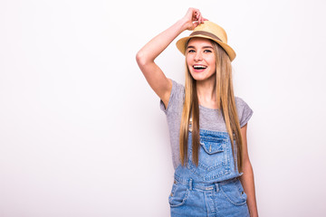 Happy girl in cap on white. Summer holiday mood