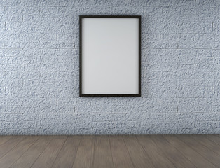 White Blank Poster in old brick wall and wooden floor room. 3d