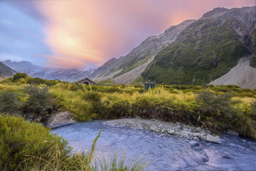 Mt. Cook and Hooker Valley From The Village. Mt. Cook National Park, Southern Alps, New Zealand - obrazy, fototapety, plakaty
