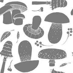 Pattern with hand drawn doodle mushrooms