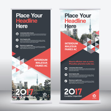 Red Color Scheme with City Background Business Roll Up Design Template.Flag Banner Design. Can be adapt to Brochure, Annual Report, Magazine,Poster, Corporate Presentation, Portfolio, Flyer, Website