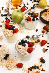 healthy breakfast with yogurt, strawberry, blueberry, apple, swe