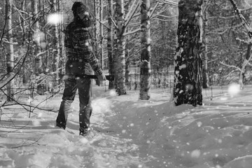 monochrome landscape man with axe