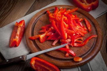 Raw, red pepper cut into strips.