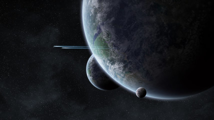 Distant planet system in space 3D rendering