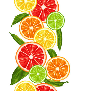 Seamless Pattern With Citrus Fruits Slices. Mix Of Lemon Lime Grapefruit And Orange