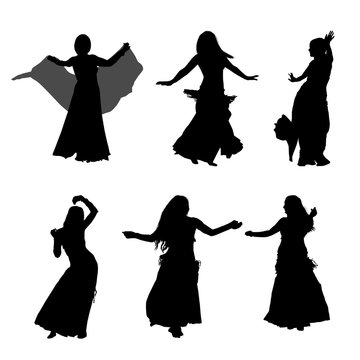Young girl dancing belly dance. Silhouette of girl dancing Arabic dance. Set of silhouettes. Vector illustration