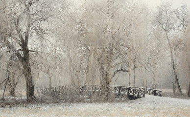 Wooden bridge covered with snow in the park