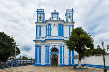 Church painted in blue and white in the city of San Cristobal de Las Casas, Chiapas, Mexico