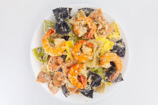 appetizing colored  pasta with chrimp