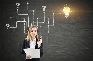 Woman with documents and arrows on chalkboard
