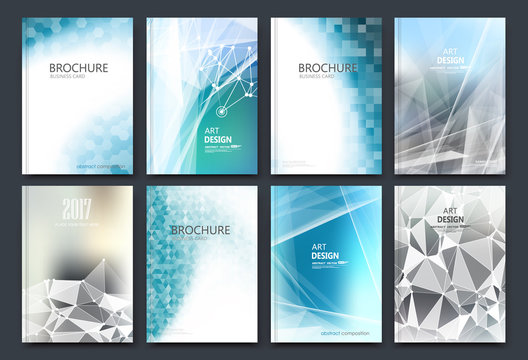 Abstract composition. White a4 brochure cover design. Patch info banner frame. Text font. Title sheet model set. Modern vector front page. Polygonal texture. Colored figures image icon. Ad flyer fiber
