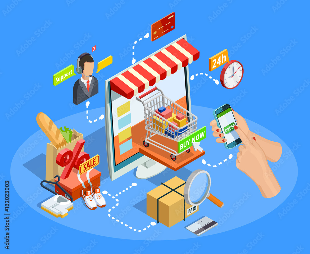 Sticker Shopping E-commerce Concept Isometric Poster