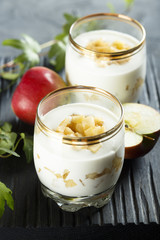 Homemade dessert with apple, caramel and yogurt