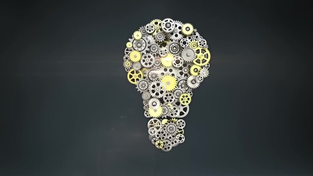 Golden big gears gathered idea bulb shape animation.