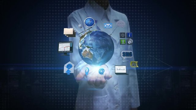 Female researcher, Engineer open palm, Rotating earth, expanding social network service. artificial satellite, Communication technology