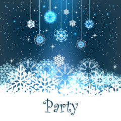Fototapeta na wymiar Merry Christmas Party Card. Invitation greeting card for xmas party. Snowflakes on the night star sky background.