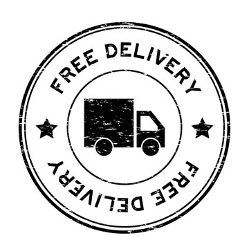 Grunge black free delivery with truck icon round rubber stamp