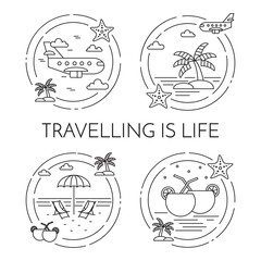 Set of Traveling horizontal banners wuth trip elements Line art