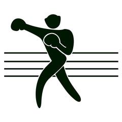 Isolated boxing icon. Black figure of an athlet on white background. Person with gloves and helmet on the ring.