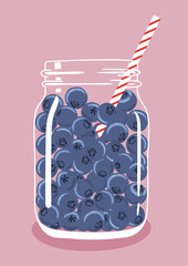 Blueberries in mason jar with striped straw. Fresh natural berries for smoothie or milkshake, isolated. Vector hand drawn illustration eps10.