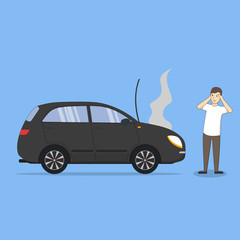 Man with broken car. Car accident. Transport with motor defect. Confused and sad man.