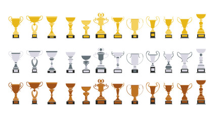 Different cups set on white background. Golden, silver and broze trophies.